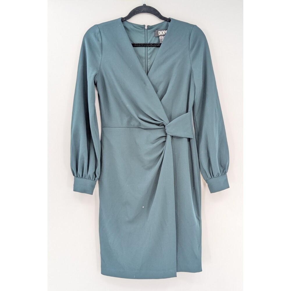 DKNY Emerald Green Faux-Wrap Puff-Sleeve V-Neck Short Dress Size 4